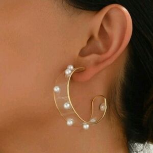 NEW! Gold Plated Luxurious and Pearl Large Half Hoop Earrings